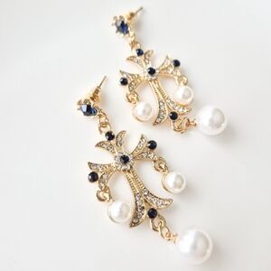 NEW Topshop Gold Medieval Renaissance Style Cross Earrings w/ Crystals & Pearls